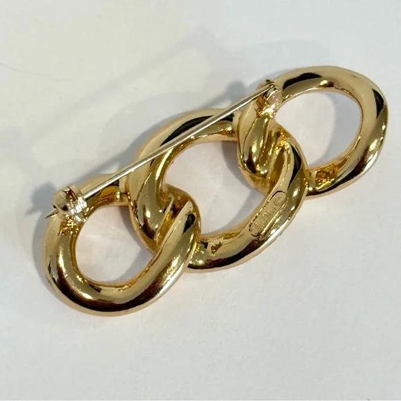 Vintage Christian Dior Triple Loop Rings Gold tone Brooch Rhinestone Pave - Picture 6 of 9